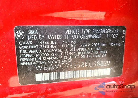 2008 BMW 328 Xi z USA, uszkodzony, nr VIN WBAVC93558K038829